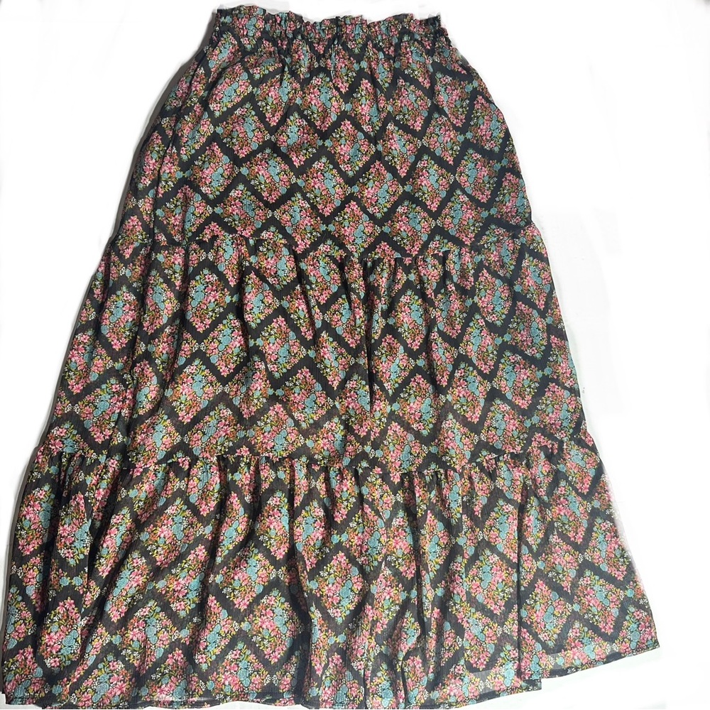 LC Lauren Conrad Tiered Midi Chiffon Skirt Sz S Boho Hippie Floral Print Lined
